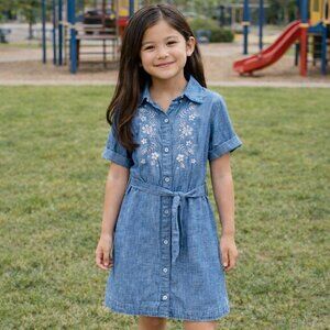GAP‎ Kids Blue Denim Chambray Shirt Dress with White Floral Embroidery & Belt